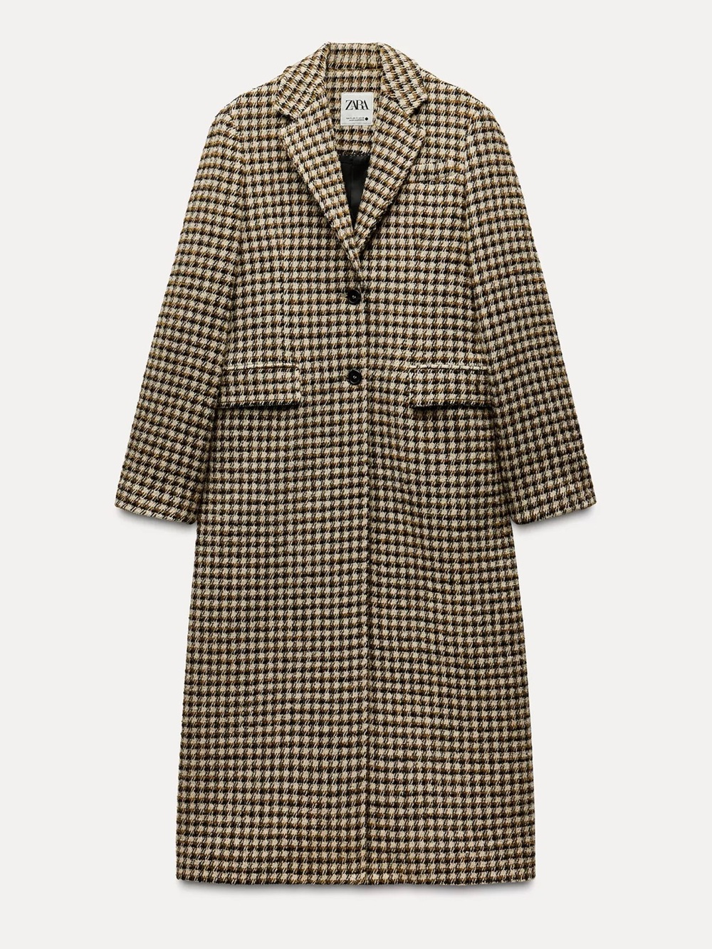 ZARA Plaid Long Coat in Brown and Black Houndstooth